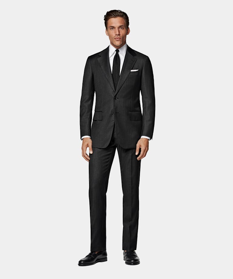 Dark Grey Striped Tailored Fit Milano Suit
