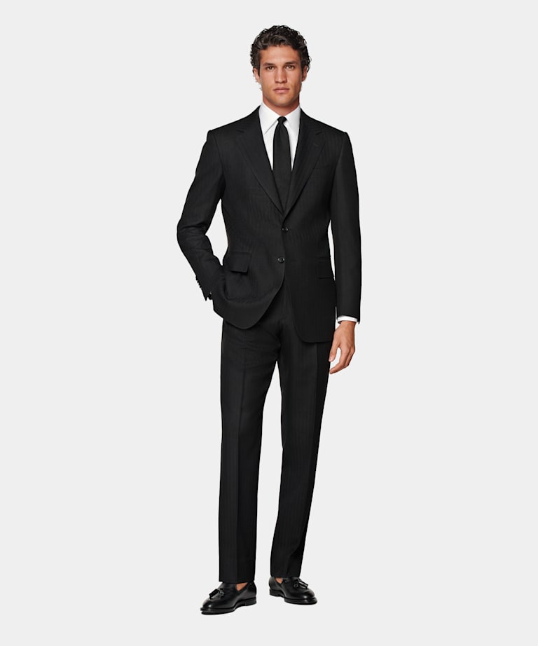 Black Herringbone Tailored Fit Milano Suit