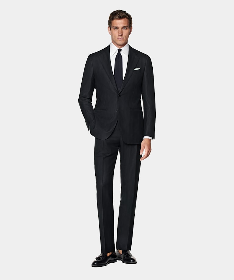 Navy Herringbone Tailored Fit Havana Suit