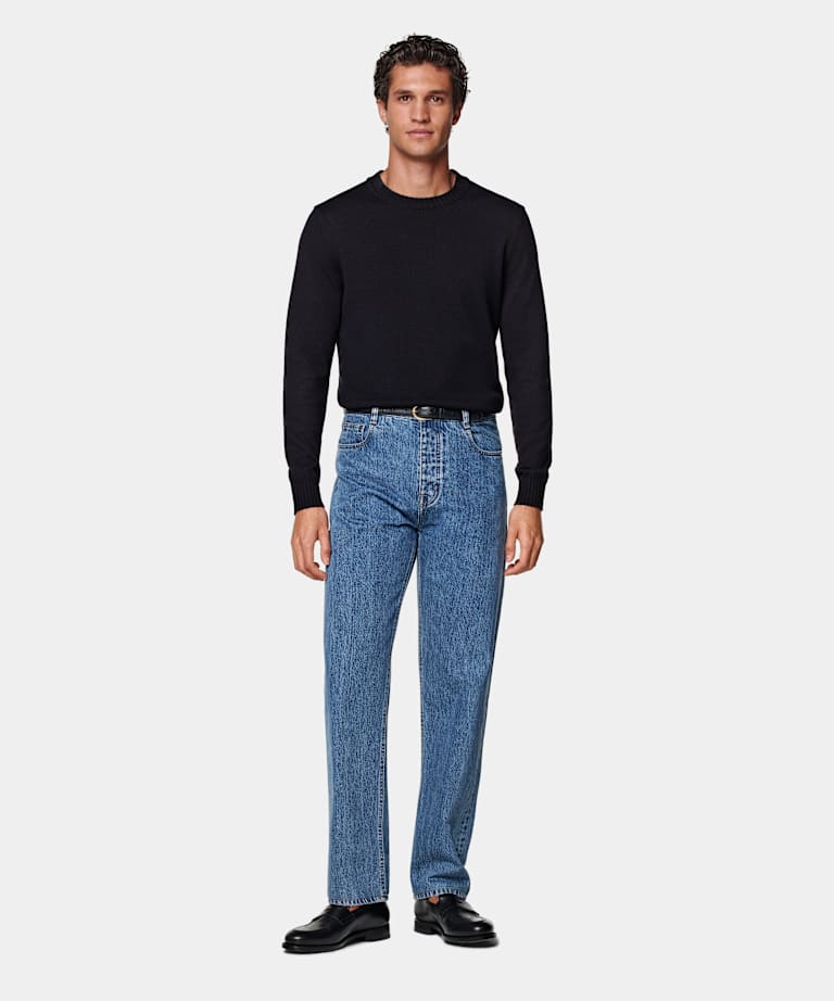 Mid Blue Straight Leg Tapered Jeans