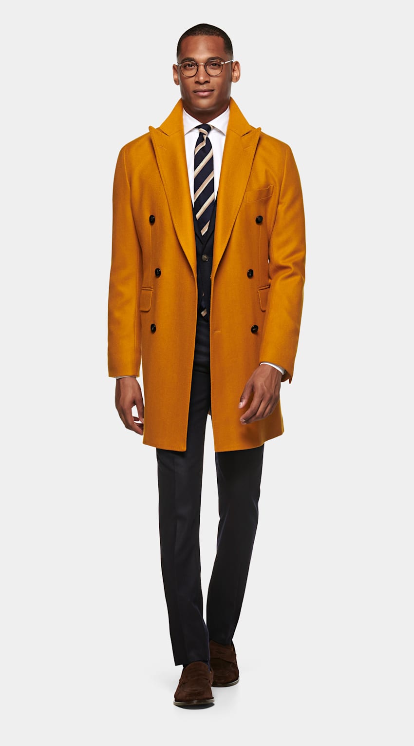 Yellow Herringbone Overcoat | Wool Cashmere Double Breasted ...