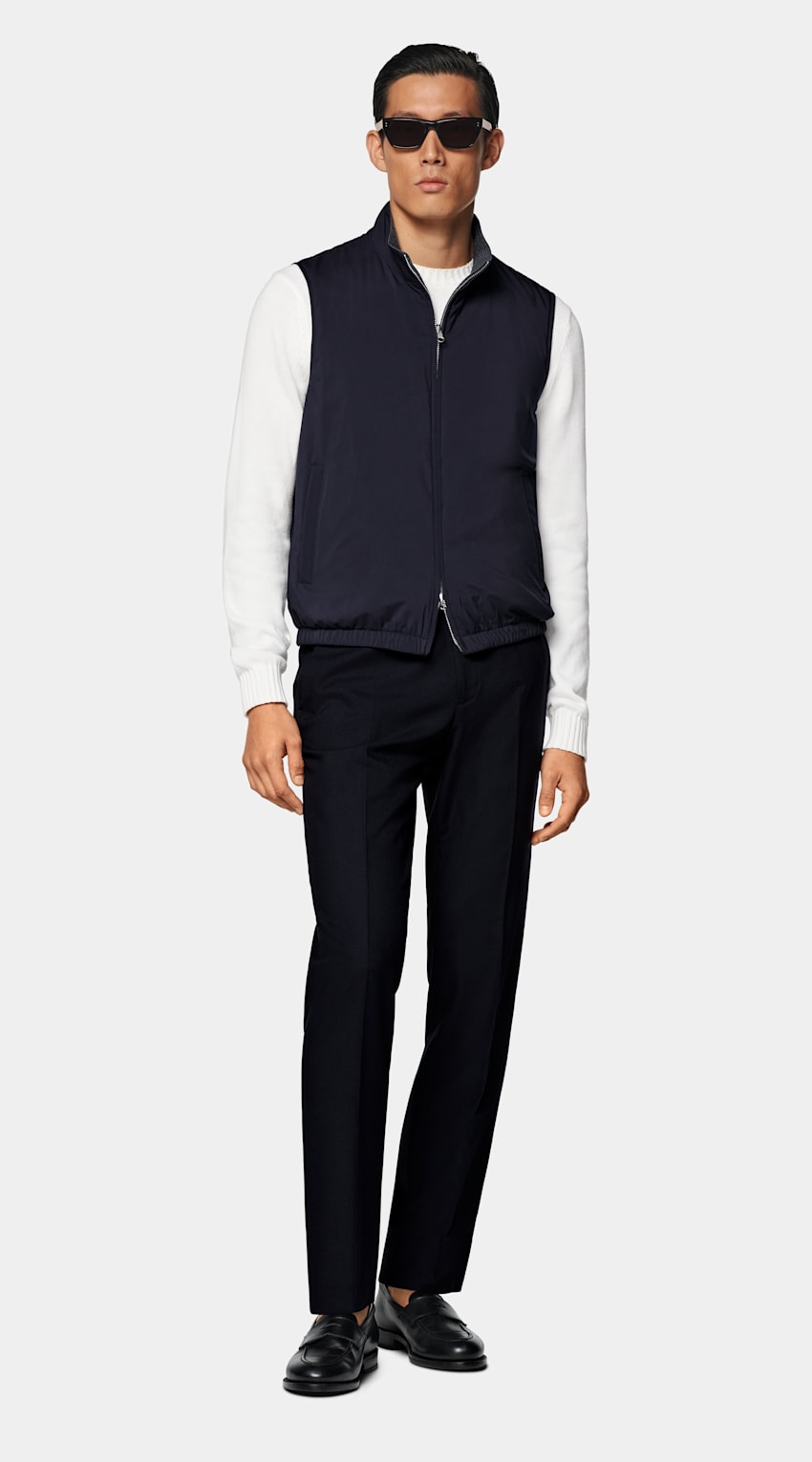 SUITSUPPLY Water-Repellent Technical Fabric by Olmetex, Italy Navy Reversible Light Padded Zip Vest