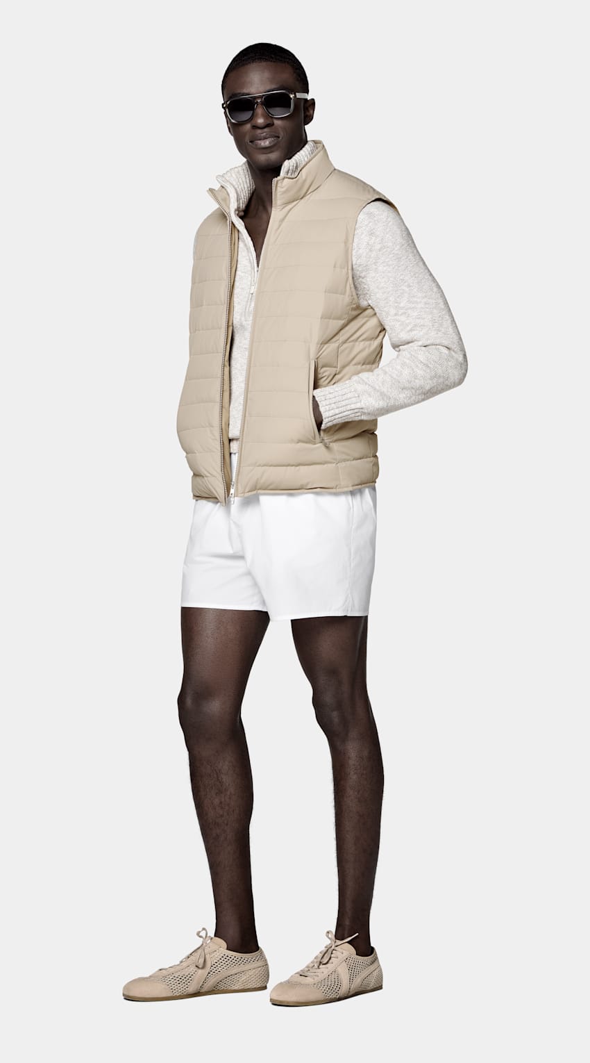 SUITSUPPLY Technical Fabric Taupe Down Zip Vest