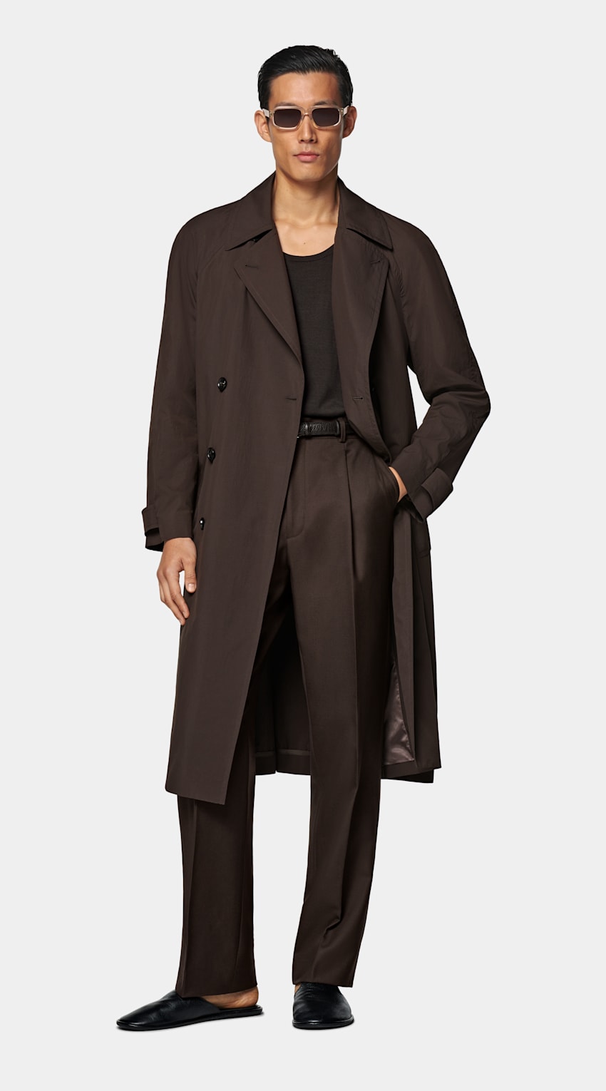 SUITSUPPLY Water-Repellent Technical Fabric by Olmetex, Italy Dark Brown Belted Trench Coat