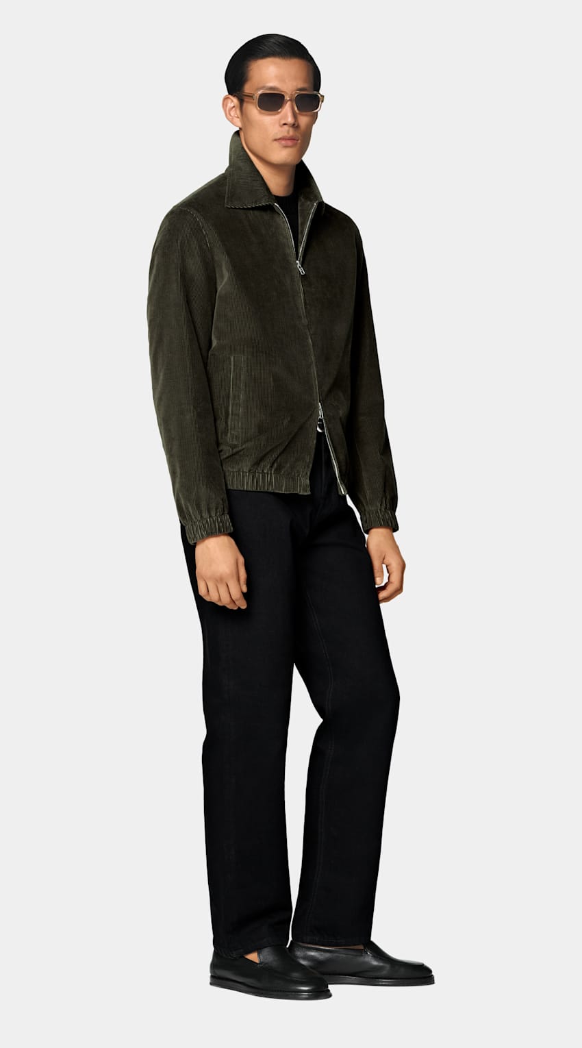 SUITSUPPLY Pure Cotton Corduroy by Pontoglio, Italy Dark Green Corduroy Bomber Jacket