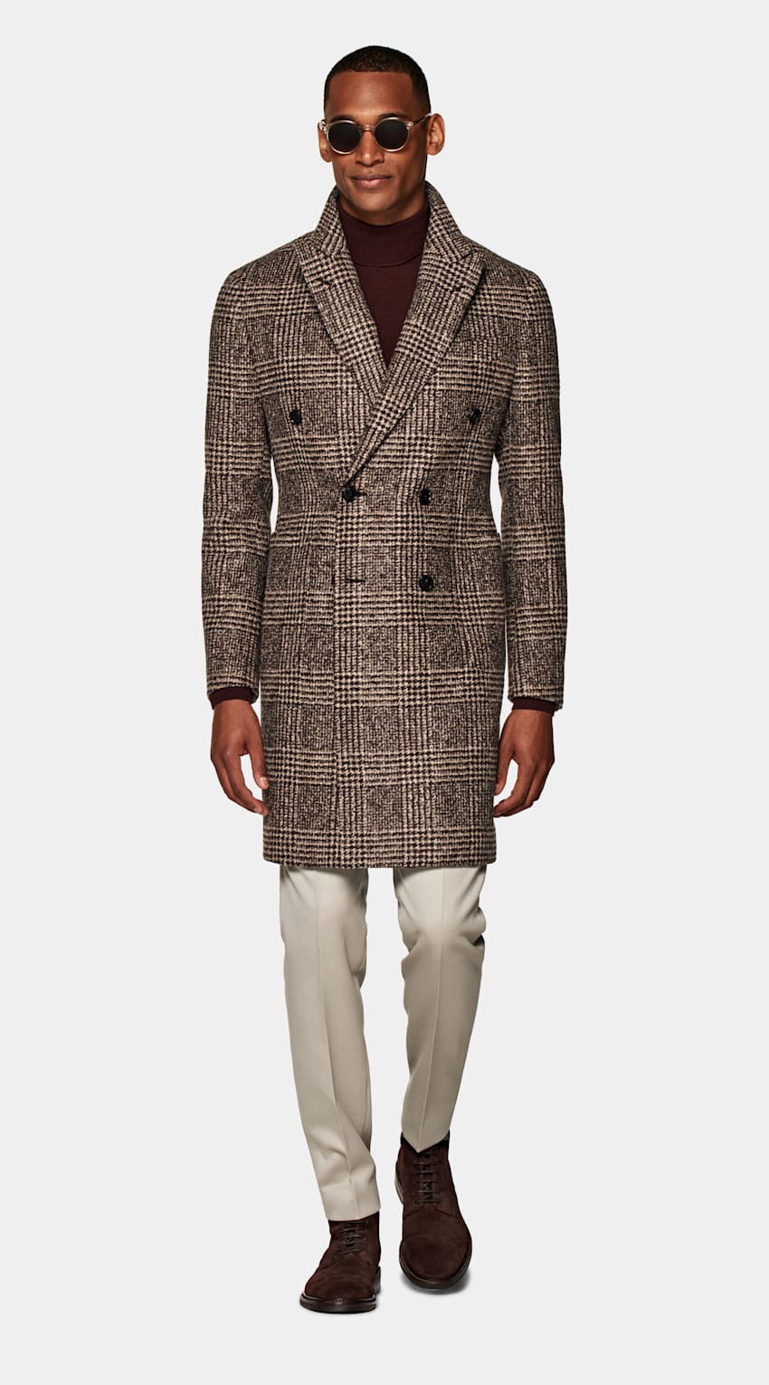 SUITSUPPLY Alpaca Wool Polyamide by Ferla, Italy Brown Checked Overcoat