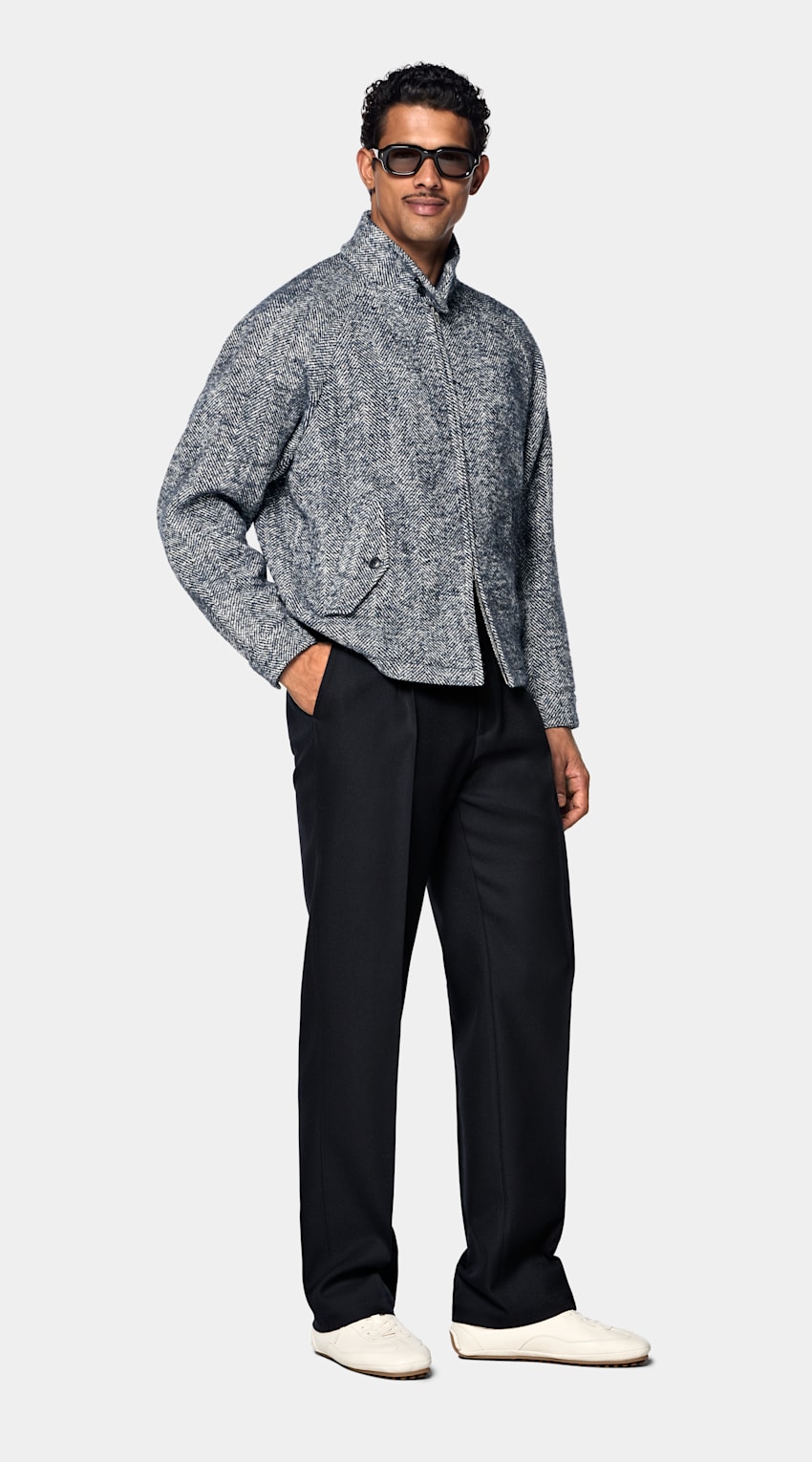 SUITSUPPLY Wool Blend by Emmetex, Italy Navy Herringbone Raglan Bomber Jacket