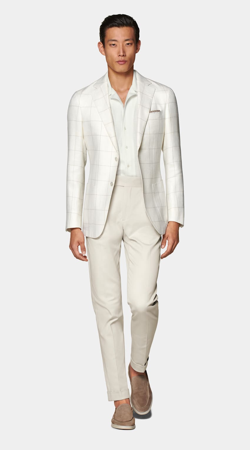 SUITSUPPLY Wool Silk Linen by E.Thomas, Italy Off-White Checked Havana Blazer