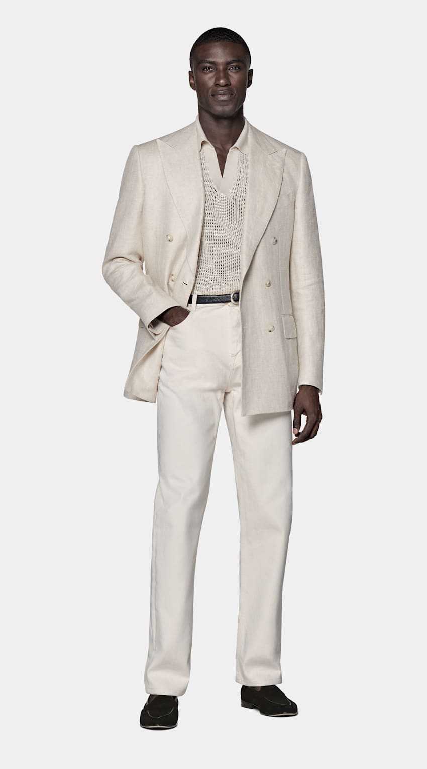 SUITSUPPLY Linen Silk by Leomaster, Italy Light Taupe Herringbone Tailored Fit Milano Blazer