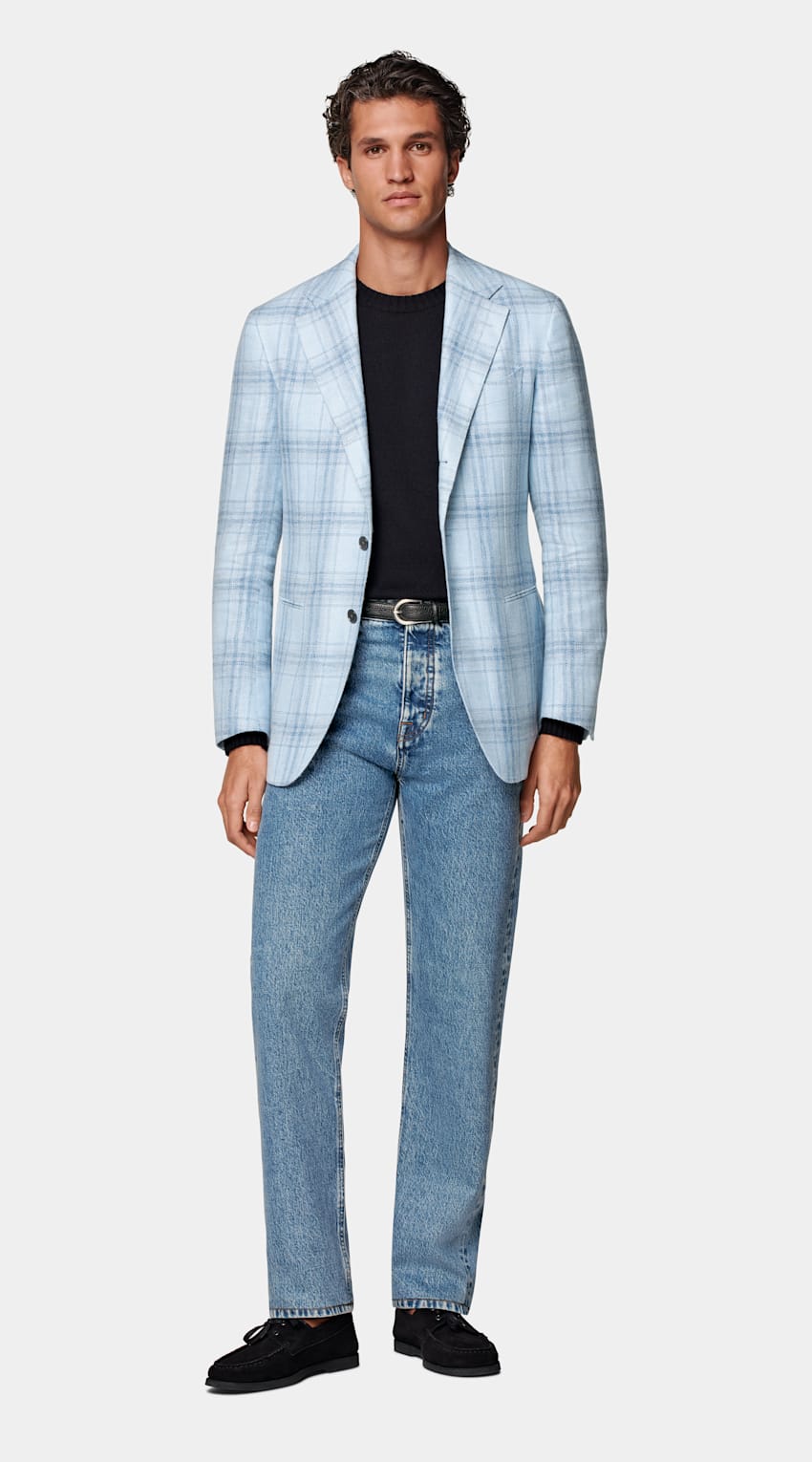 SUITSUPPLY Summer Linen Wool Silk by Lanificio Ermenegildo Zegna, Italy Light Blue Checked Tailored Fit Havana Blazer