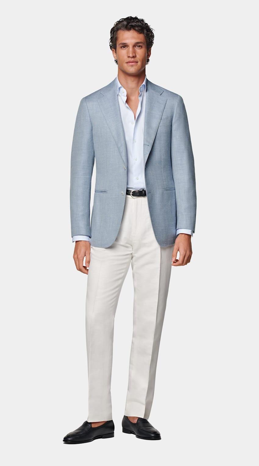 SUITSUPPLY Summer Wool Silk Linen Cashmere by E.Thomas, Italy Light Blue Tailored Fit Havana Blazer