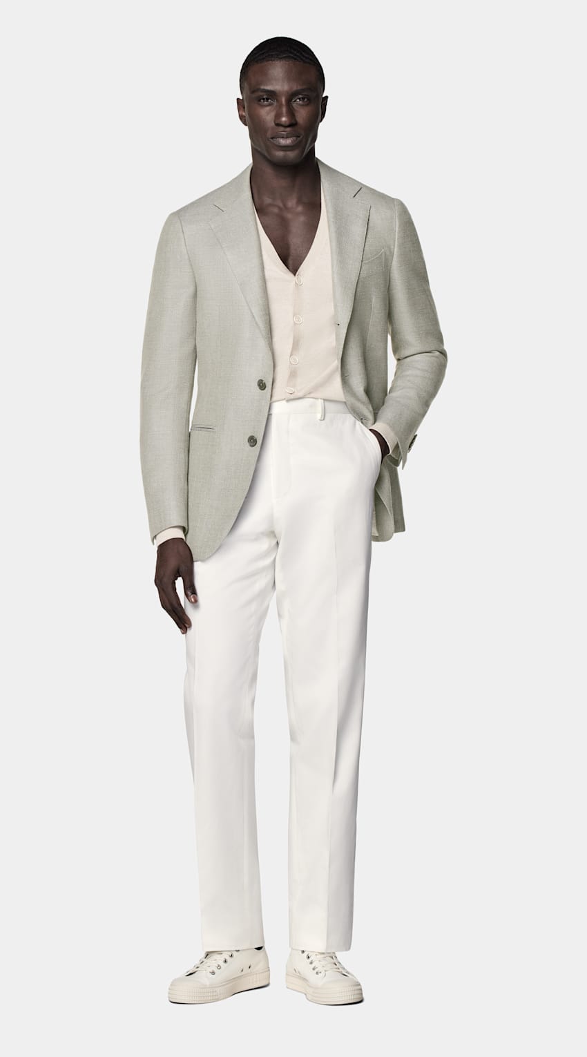 SUITSUPPLY Summer Wool Silk Linen Cashmere by E.Thomas, Italy Mid Green Tailored Fit Havana Blazer