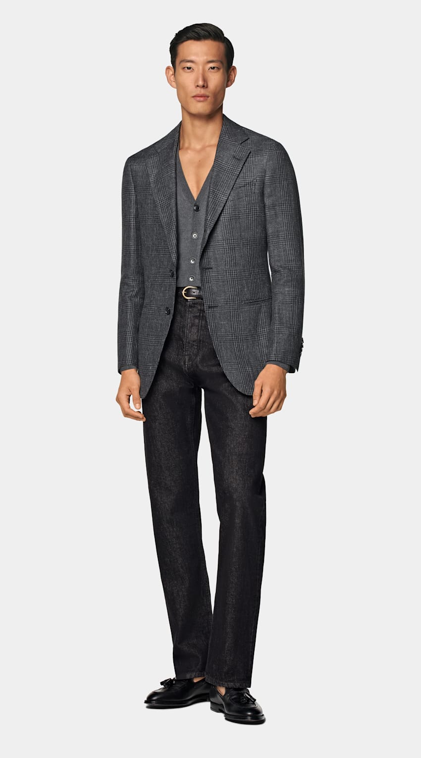 SUITSUPPLY Summer Linen Wool by Drago, Italy Dark Grey Checked Tailored Fit Havana Blazer