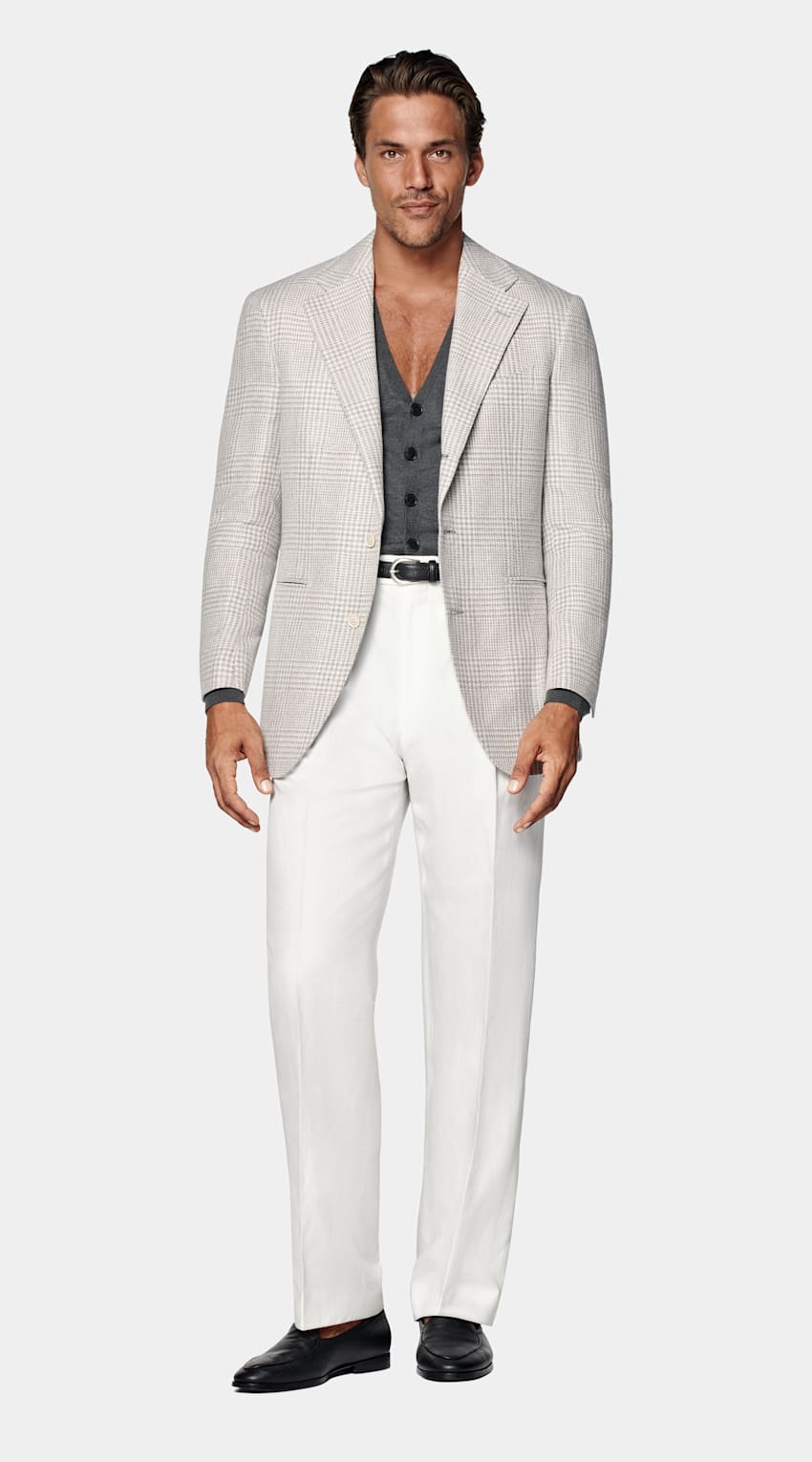 SUITSUPPLY Summer Linen Silk Wool Cotton by Ferla, Italy Light Grey Checked Relaxed Fit Roma Blazer