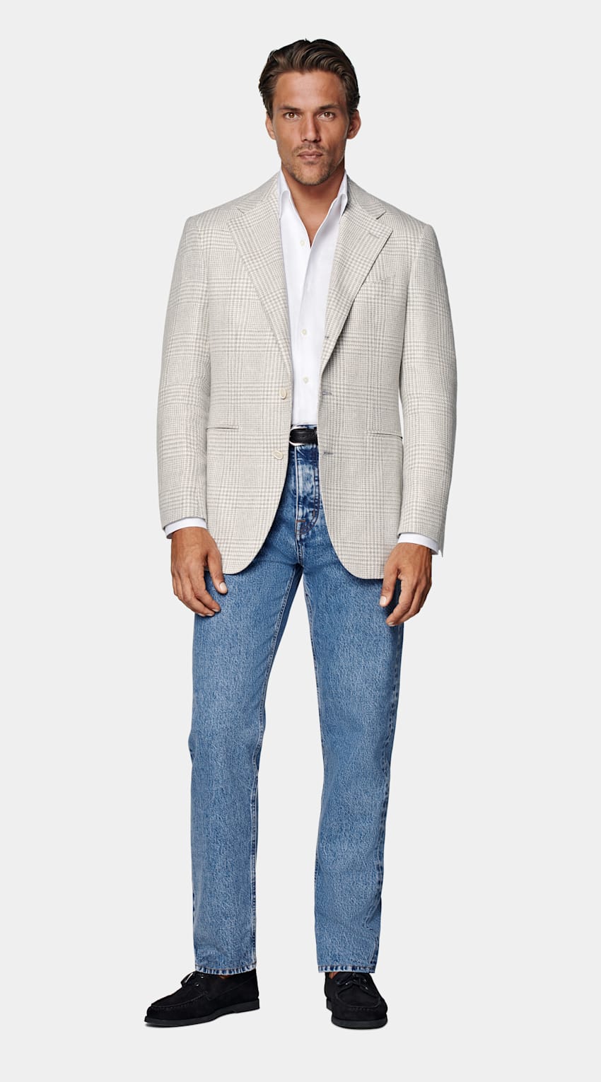 SUITSUPPLY Été Lin, soie, laine et coton par Ferla, Italie Blazer Roma coupe Relaxed gris clair à carreaux