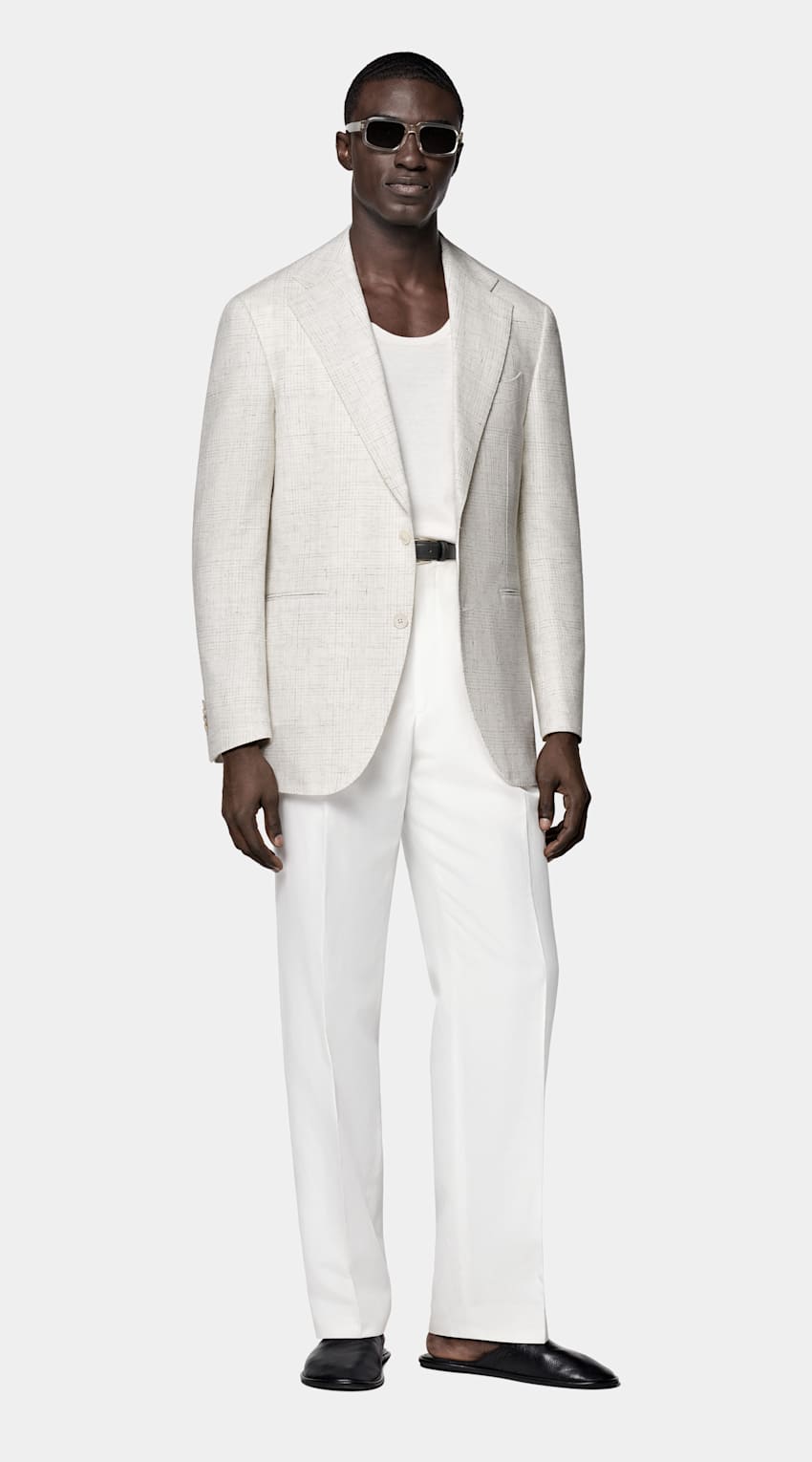 SUITSUPPLY Summer Linen Cotton Blend by Ferla, Italy Light Grey Checked Relaxed Fit Roma Blazer