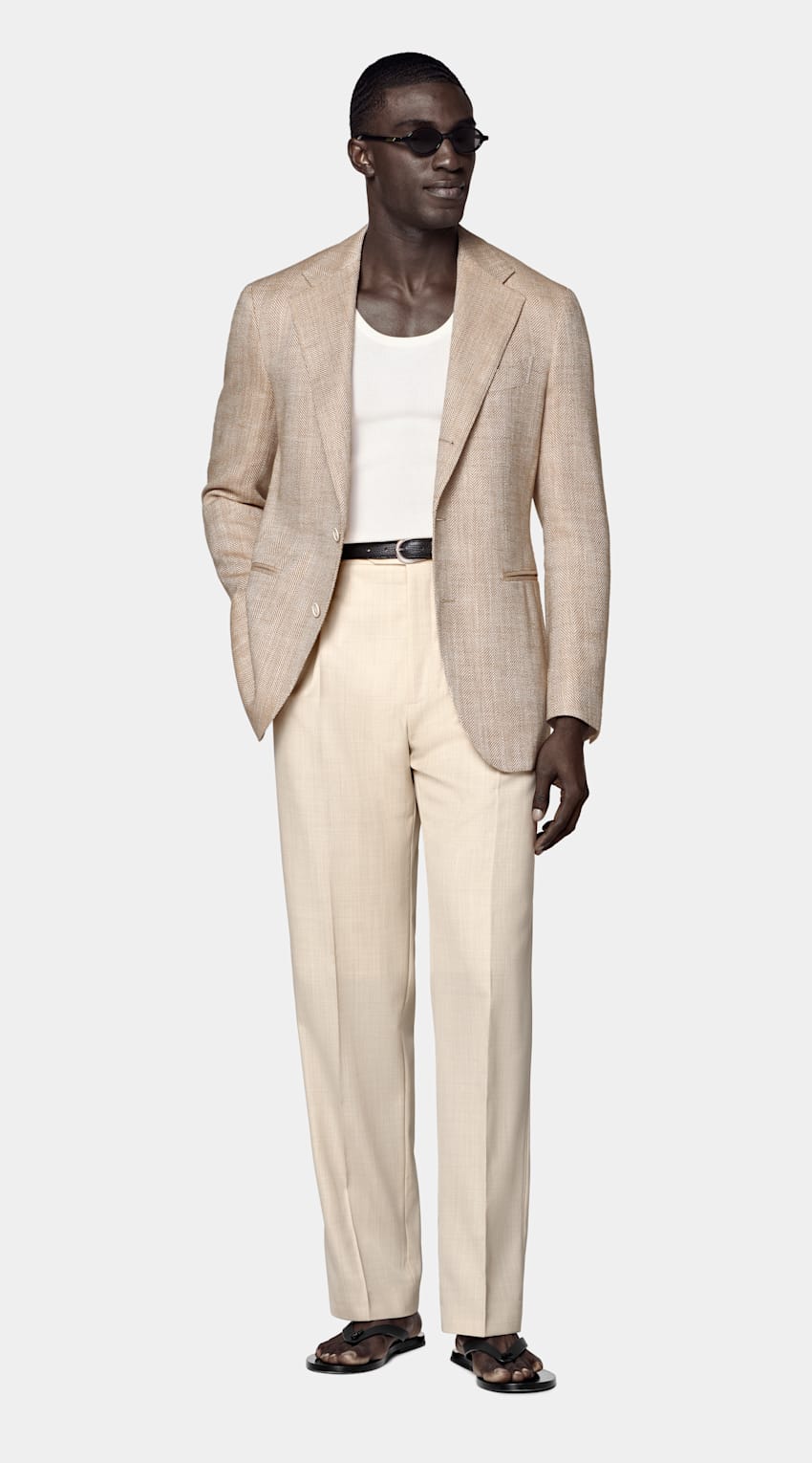 SUITSUPPLY Summer Silk Linen Cotton Blend by Ferla, Italy Light Brown Herringbone Relaxed Fit Roma Blazer