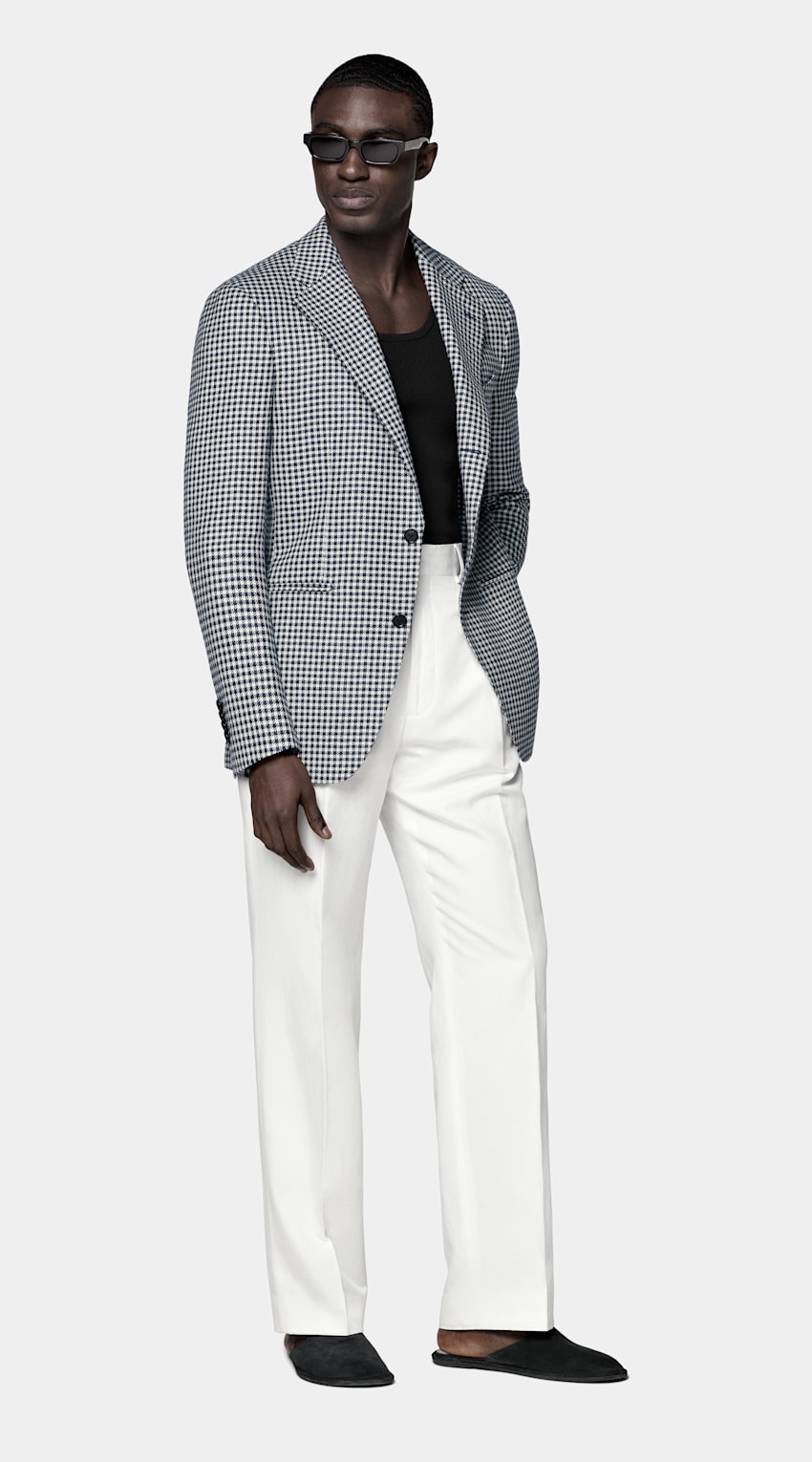 SUITSUPPLY Summer Wool Silk Linen by Marling & Evans, United Kingdom Navy Houndstooth Relaxed Fit Roma Blazer