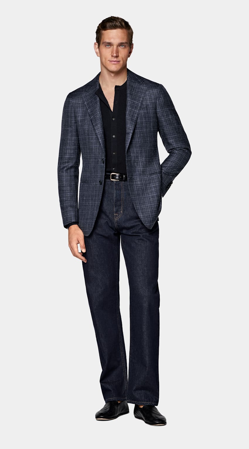 SUITSUPPLY Summer Cashmere Silk Linen by Piacenza, Italy Navy Checked Tailored Fit Havana Blazer
