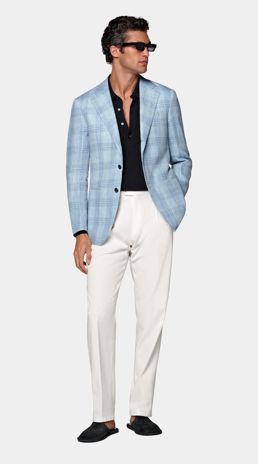 SUITSUPPLY Summer Pure Linen par Lanificio Ermenegildo Zegna, Italie Light Blue Checked Tailored Fit Havana Blazer