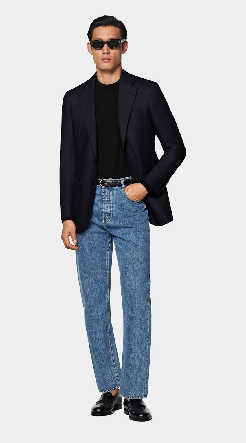 SUITSUPPLY All Season Pure 4-Ply Traveller Wool by Rogna, Italy Navy Tailored Fit Havana Suit Jacket