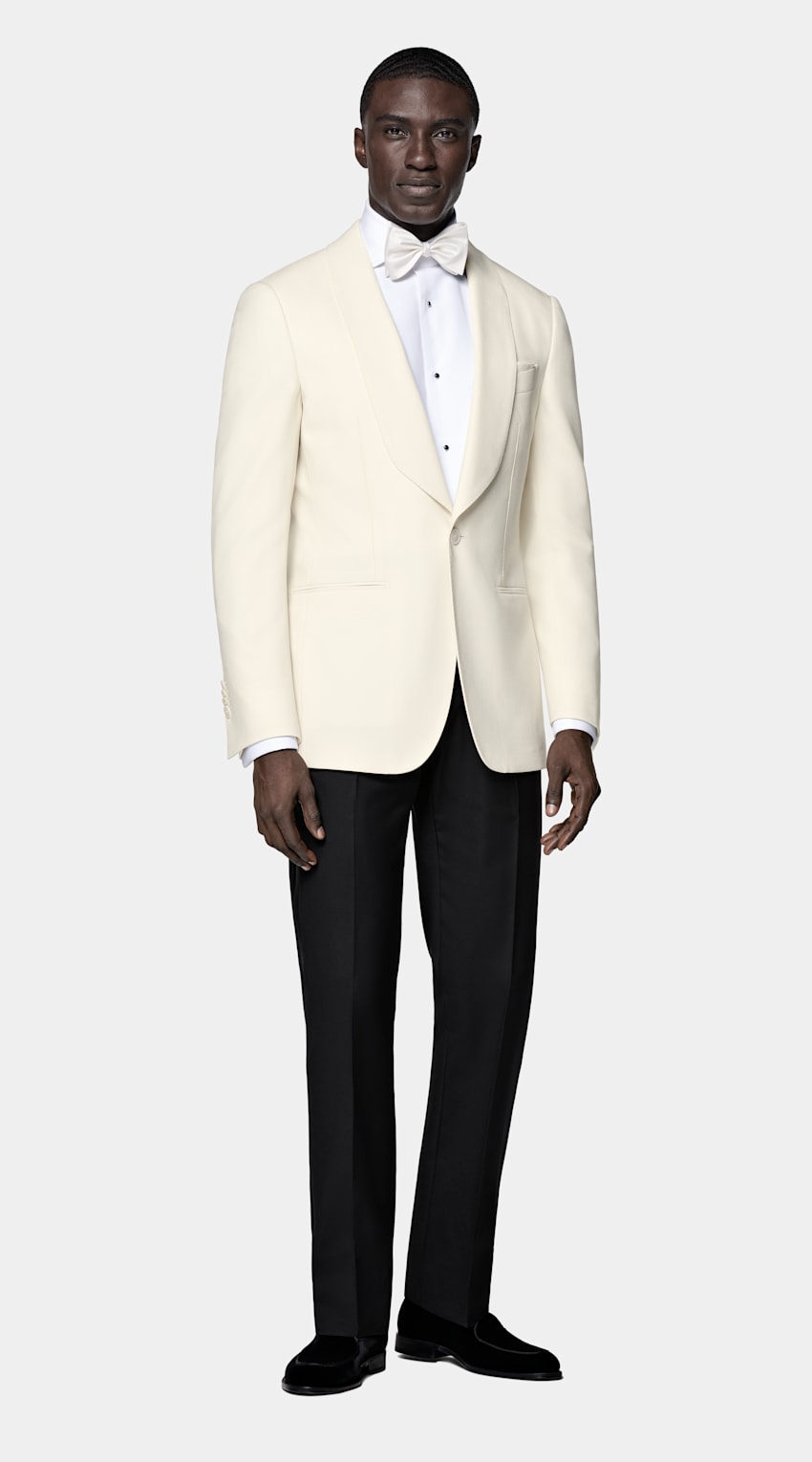 SUITSUPPLY All Season Pure 4-Ply Traveller Wool by Rogna, Italy Off-White Tailored Fit Havana Dinner Jacket