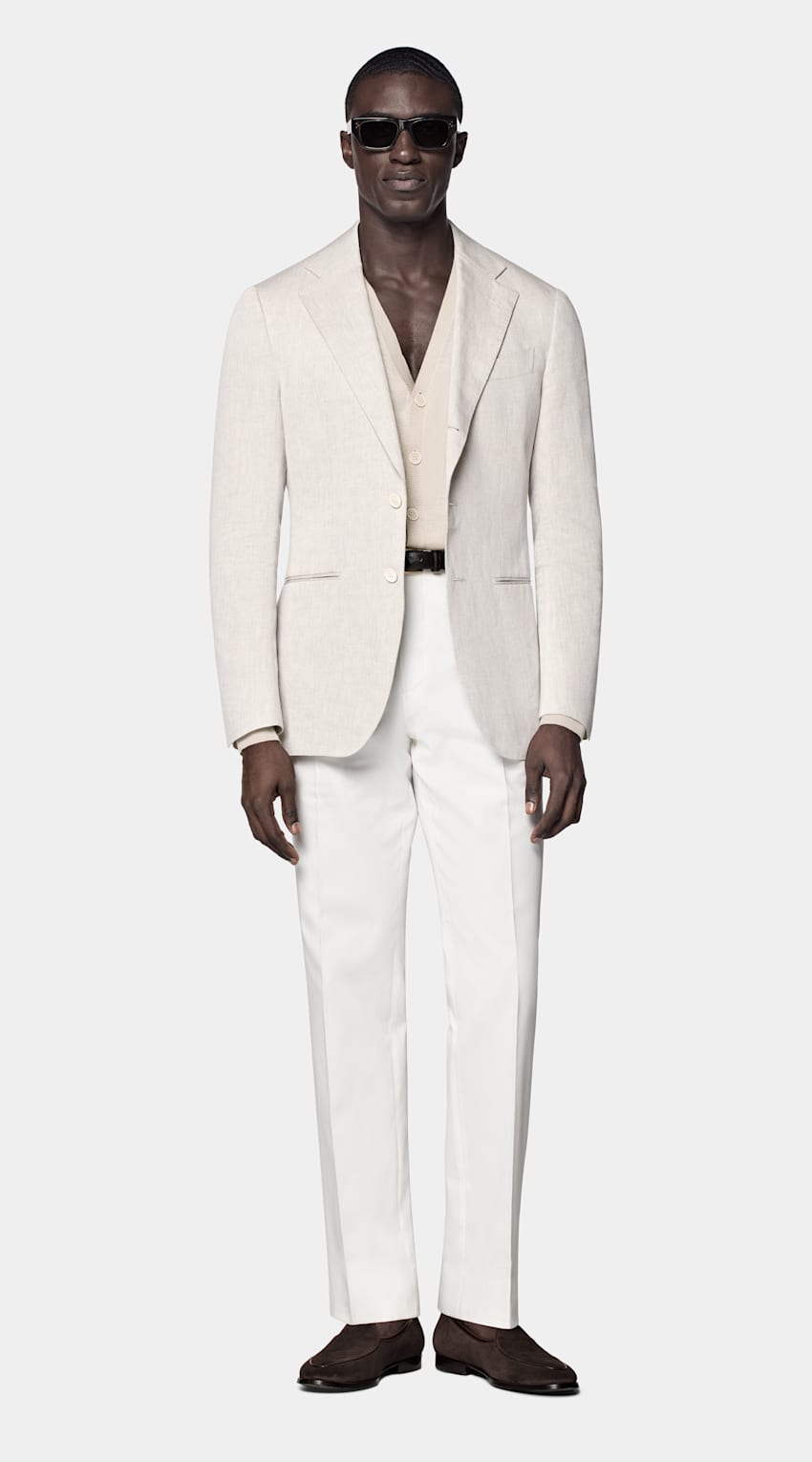 SUITSUPPLY Summer Linen Cotton by Di Sondrio, Italy Light Taupe Tailored Fit Havana Suit Jacket