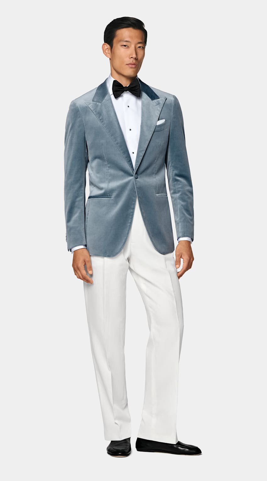 SUITSUPPLY All Season Stretch Cotton Velvet de Pontoglio, Italia Light Blue Tailored Fit Havana Dinner Jacket
