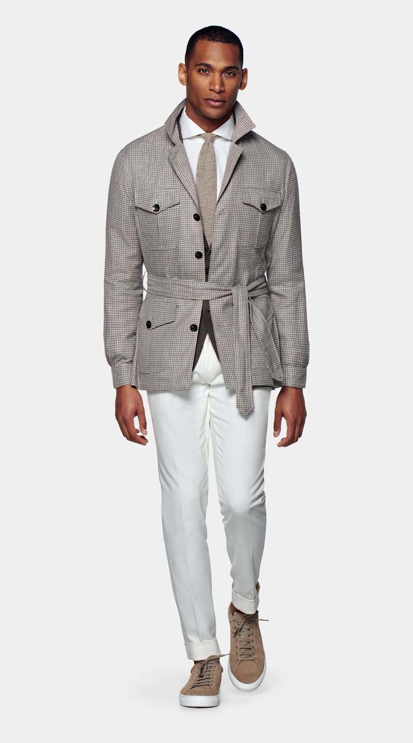 Taupe Houndstooth Belted Safari Jacket | Wool Silk Linen | Suitsupply ...