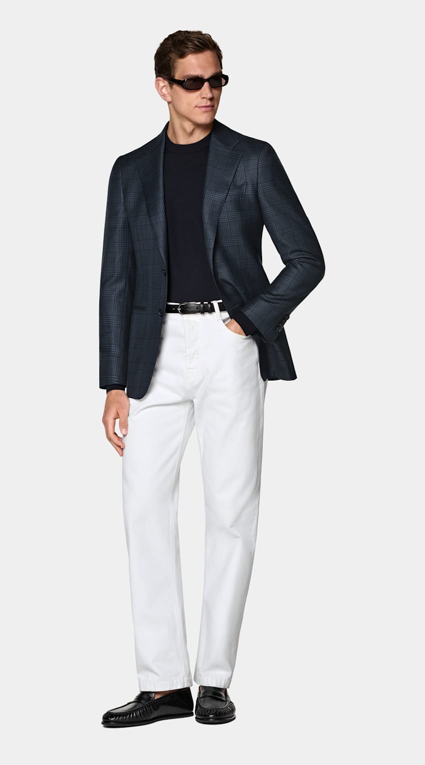 SUITSUPPLY All Season Pure Wool by Delfino, Italy Navy Checked Tailored Fit Havana Blazer