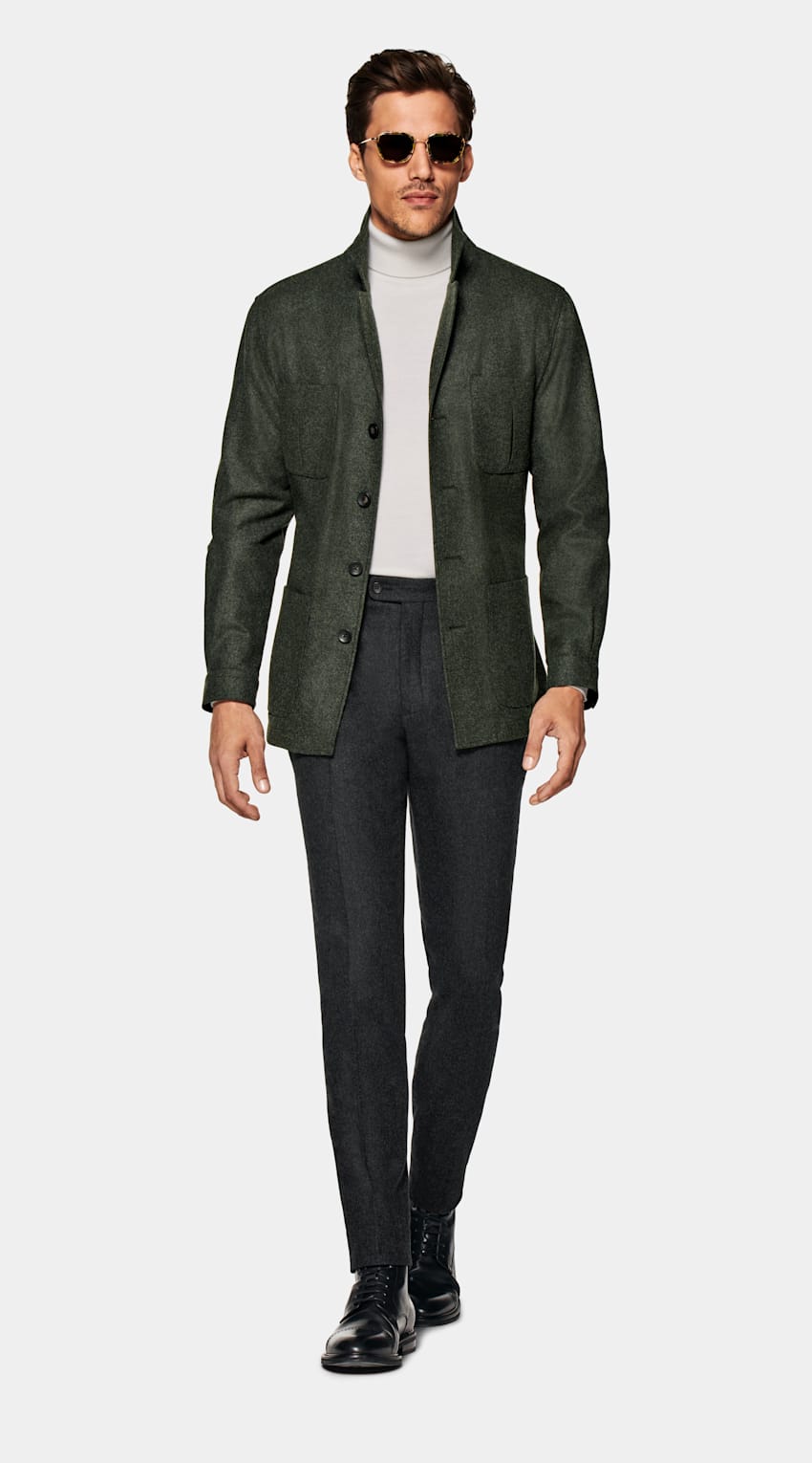 SUITSUPPLY Circular Wool Flannel by Vitale Barberis Canonico, Italy Dark Green Belted Safari Jacket