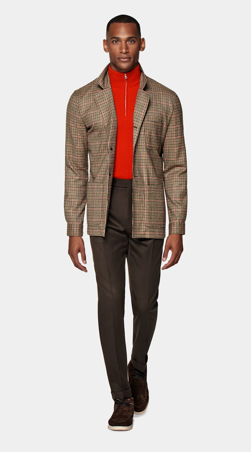 SUITSUPPLY Wool Cashmere by E.Thomas, Italy Brown Checked Greenwich Shirt-Jacket
