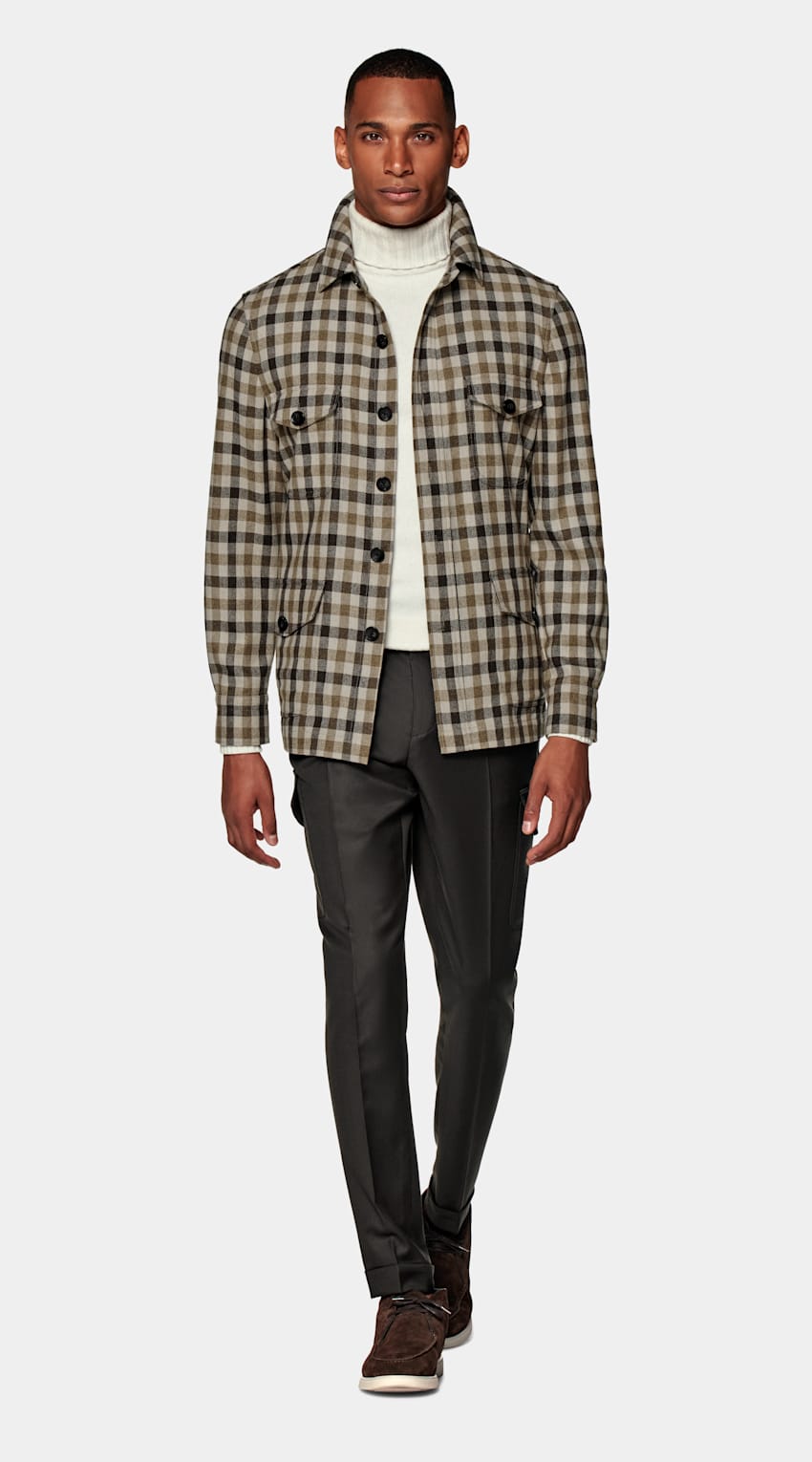 SUITSUPPLY Wool Cashmere by E.Thomas, Italy Brown Checked William Shirt-Jacket