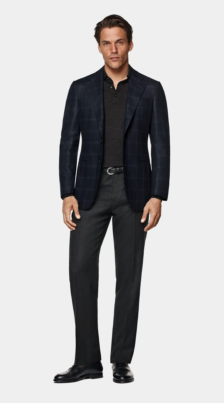 SUITSUPPLY Winter Wool Cashmere by E.Thomas, Italy Navy Checked Tailored Fit Havana Blazer