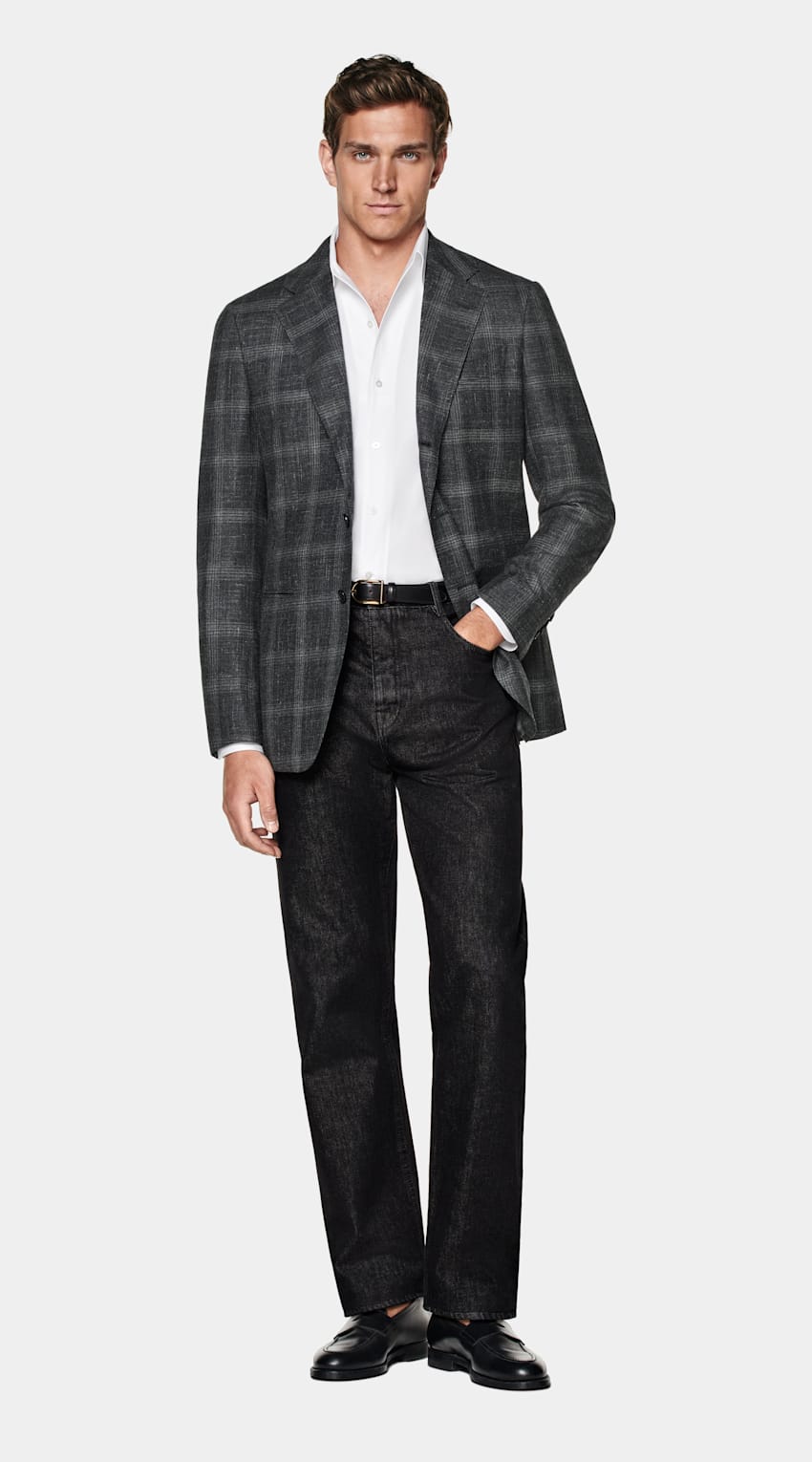 SUITSUPPLY All Season Wool Silk Linen by Carlo Barbera, Italy Grey Checked Tailored Fit Havana Blazer