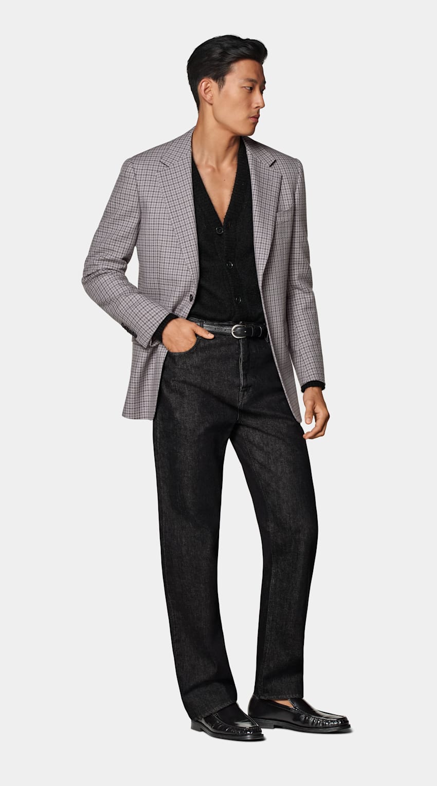 Taupe Checked Tailored Fit Milano Blazer in Pure Wool Taupe Checked Tailored Fit Milano Blazer in Pure Wool