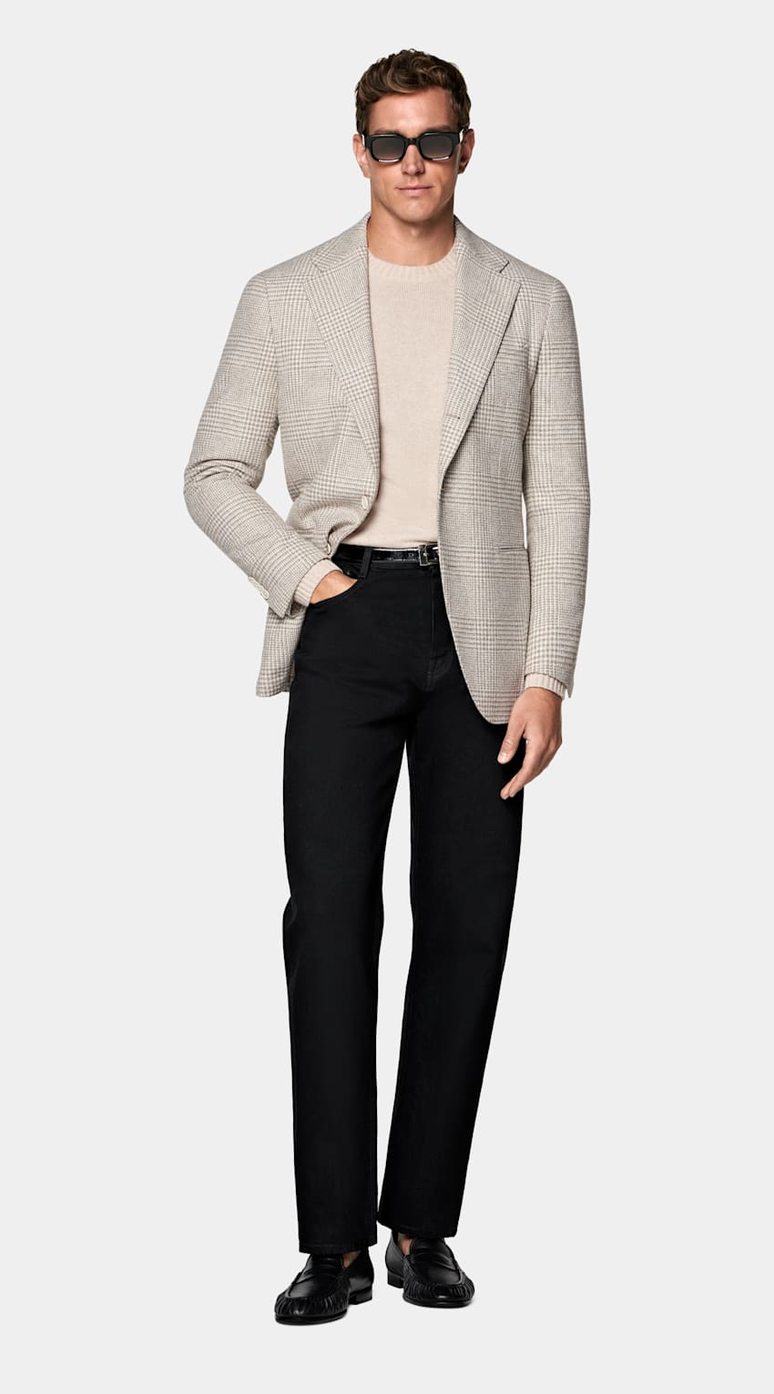 SUITSUPPLY Winter Alpaca Wool Cotton Polyamide by Ferla, Italy Sand Checked Relaxed Fit Roma Blazer