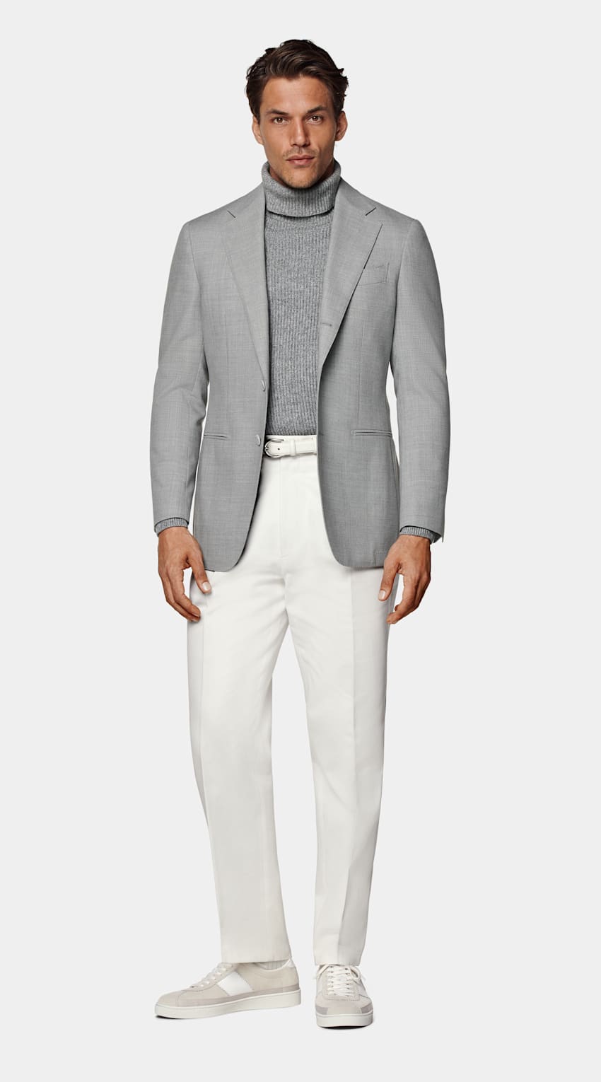 SUITSUPPLY All Season Wrinkle-Free 4-Ply Wool by Rogna, Italy Light Grey Tailored Fit Havana Suit Jacket