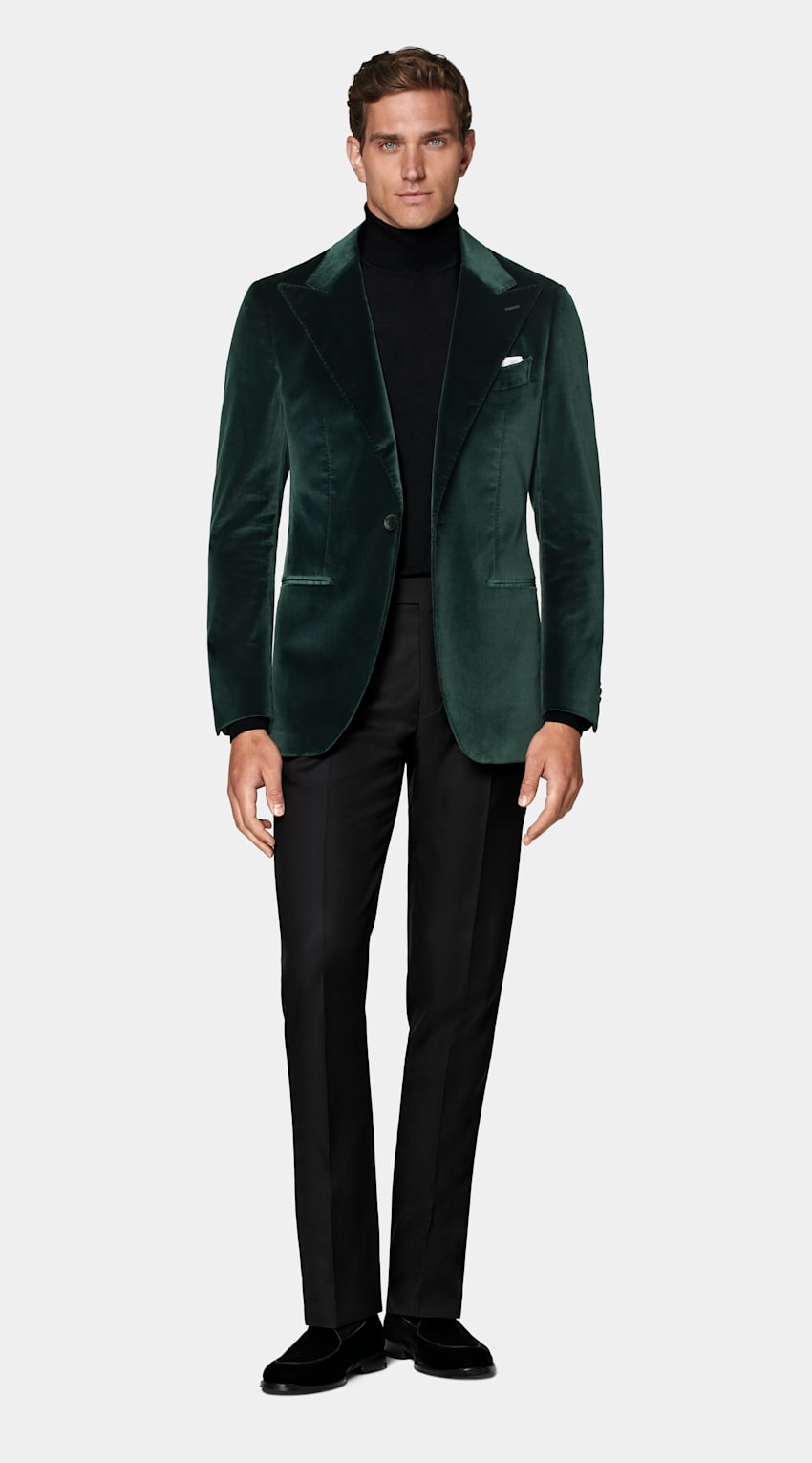 SUITSUPPLY Winter Stretch Cotton Velvet by Pontoglio, Italy Dark Green Tailored Fit Havana Dinner Jacket