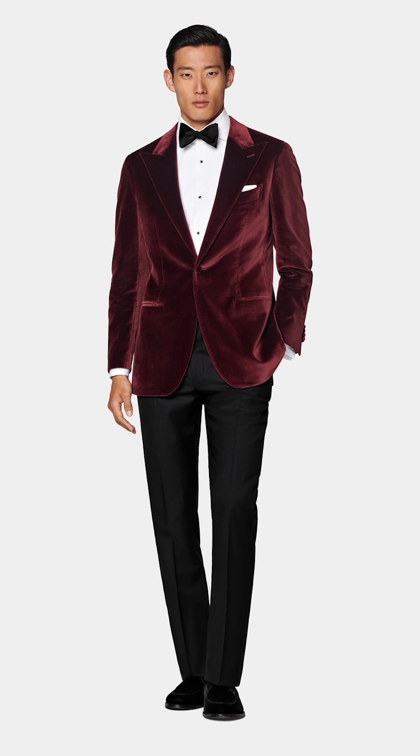 SUITSUPPLY Winter Stretch Cotton Velvet by Pontoglio, Italy Burgundy Tailored Fit Havana Dinner Jacket