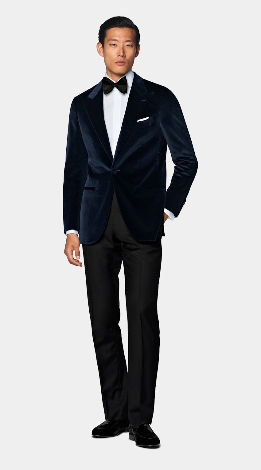 SUITSUPPLY All Season Stretch Cotton Velvet by Pontoglio, Italy Navy Tailored Fit Havana Dinner Jacket