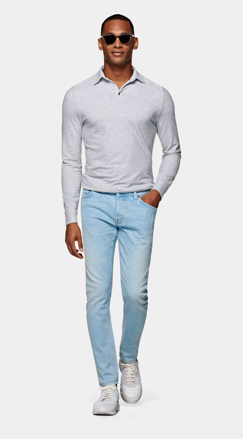 Light Grey Long Sleeve Polo Shirt | Cotton Blend | Suitsupply Online Store