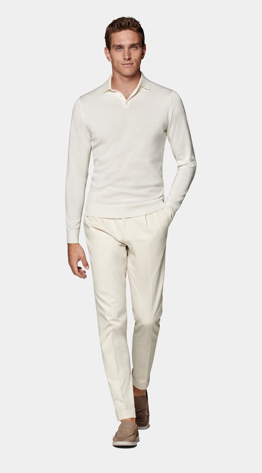 Off-White Long Sleeve Polo | Cotton 