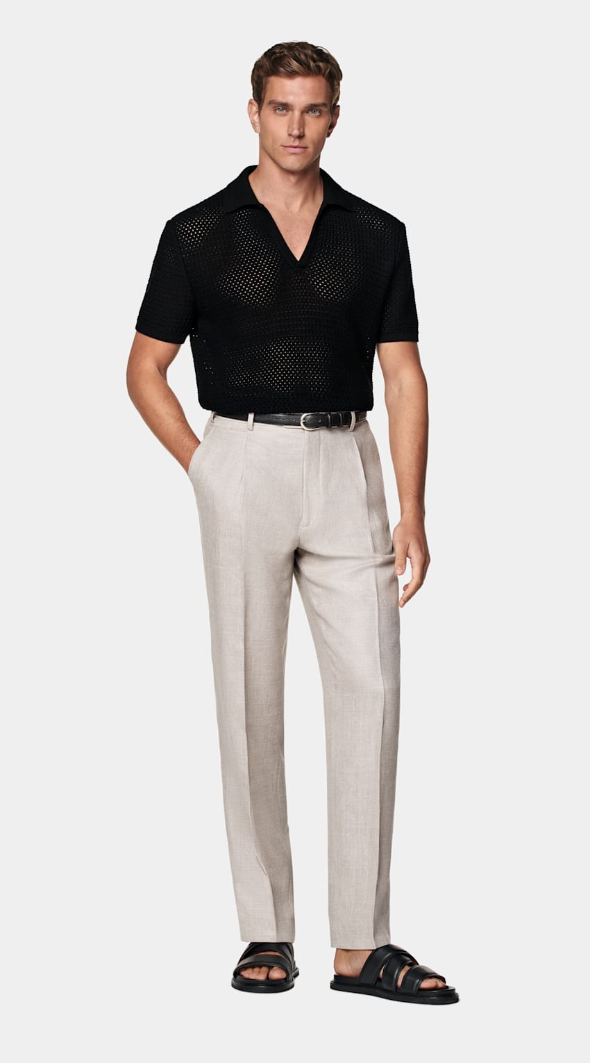 SUITSUPPLY Pure Cotton Black Crochet Buttonless Polo