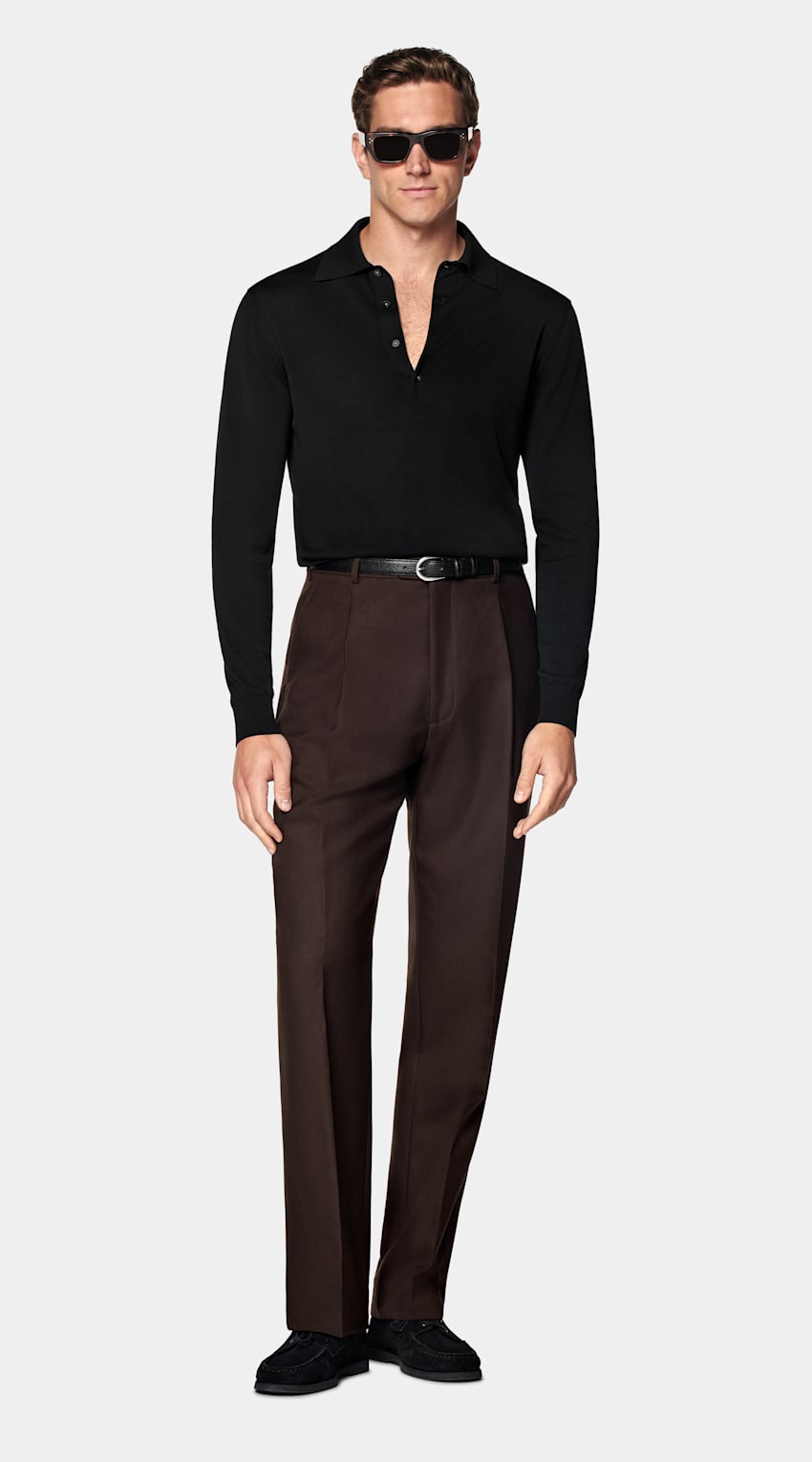 SUITSUPPLY Californian Cotton & Mulberry Silk Black Long Sleeve Polo