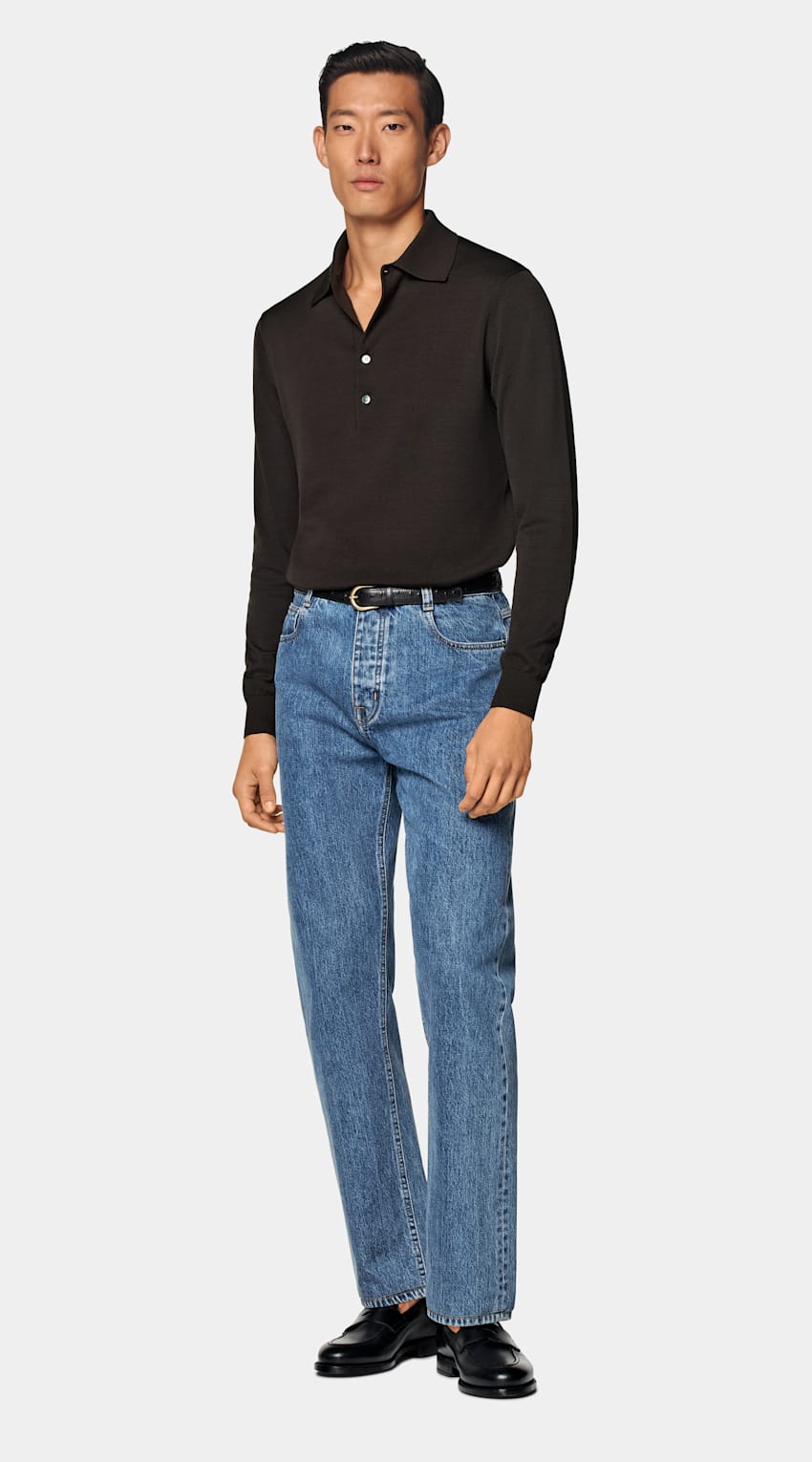 SUITSUPPLY Californian Cotton & Mulberry Silk Dark Brown Long Sleeve Polo