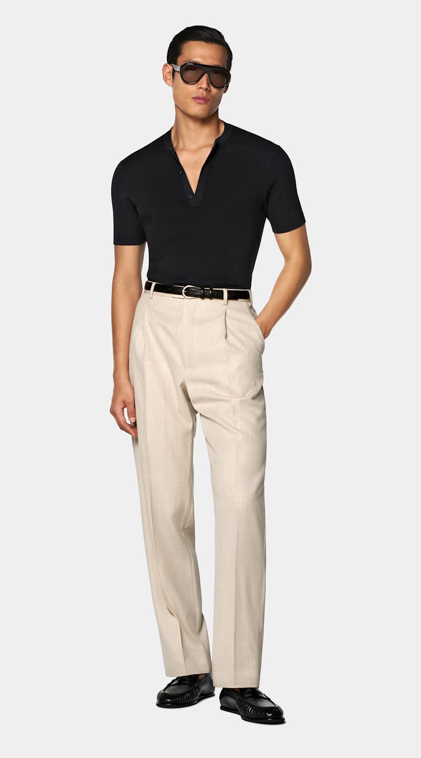 SUITSUPPLY Cotton Silk Dark Grey Ribbed Short Sleeve Henley