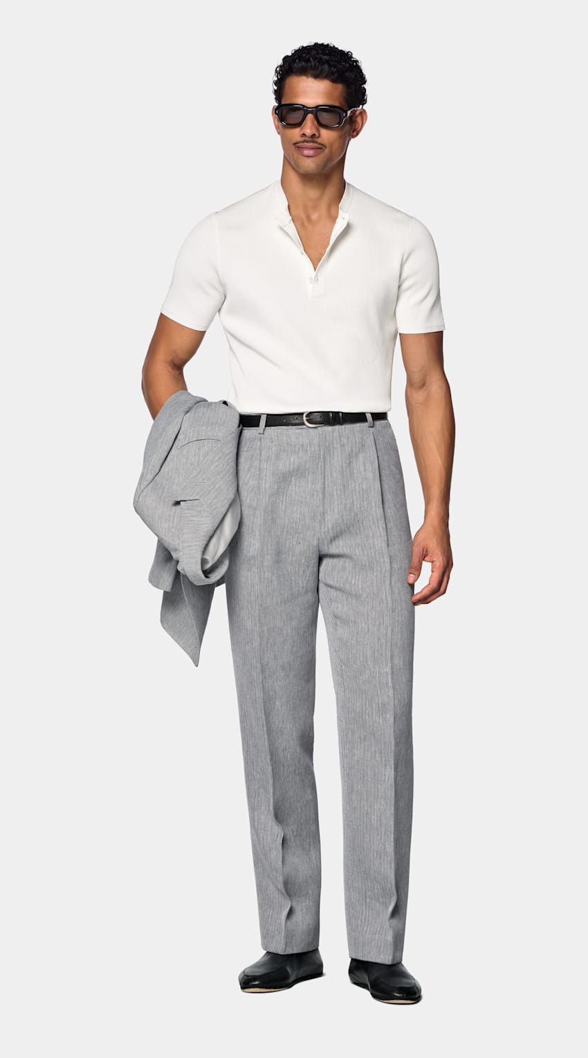 SUITSUPPLY Cotton Silk Off-White Ribbed Short Sleeve Henley