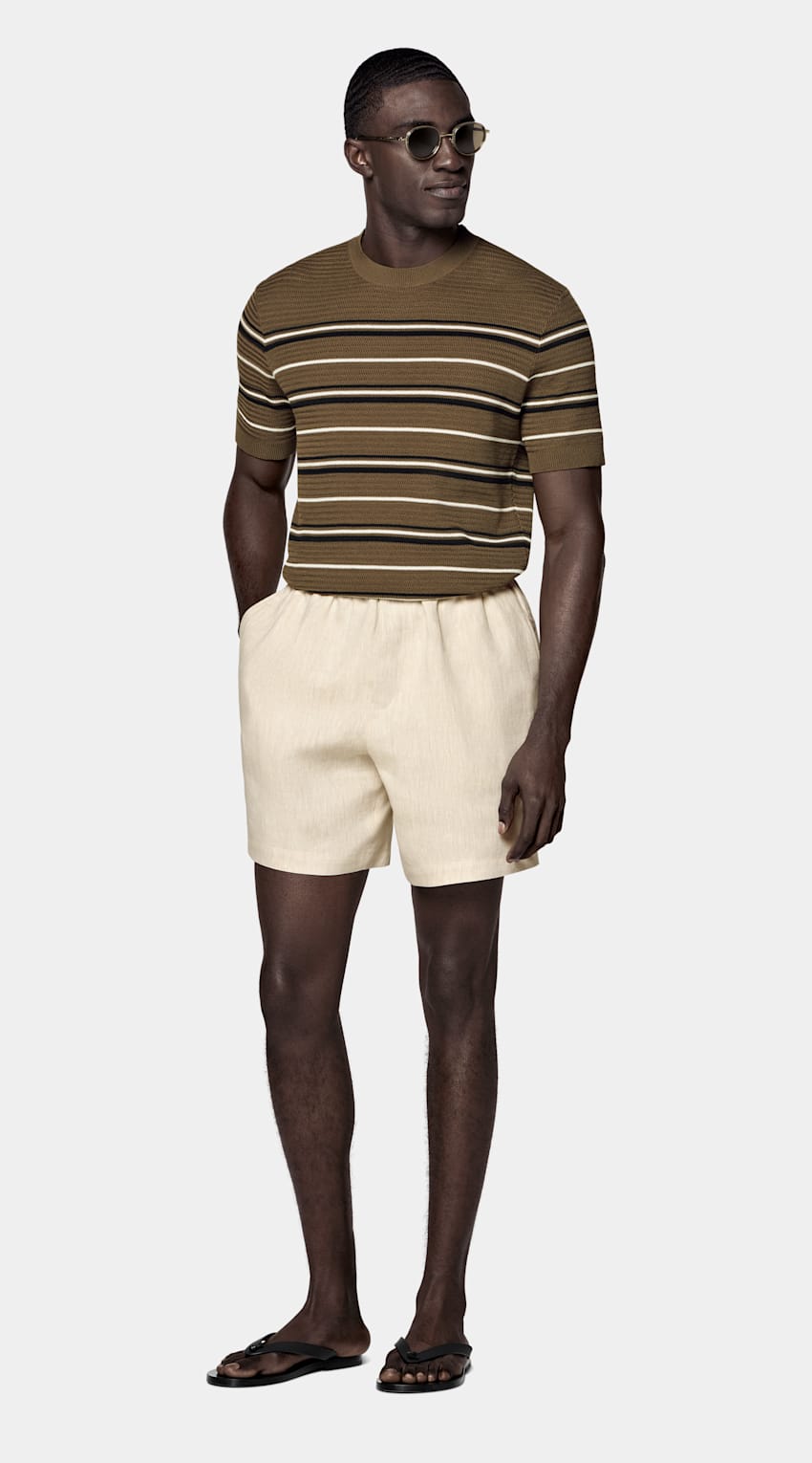 SUITSUPPLY Algod&oacute;n y seda Camiseta de jacquard verde oscuro a rayas de manga corta y cuello redondo.