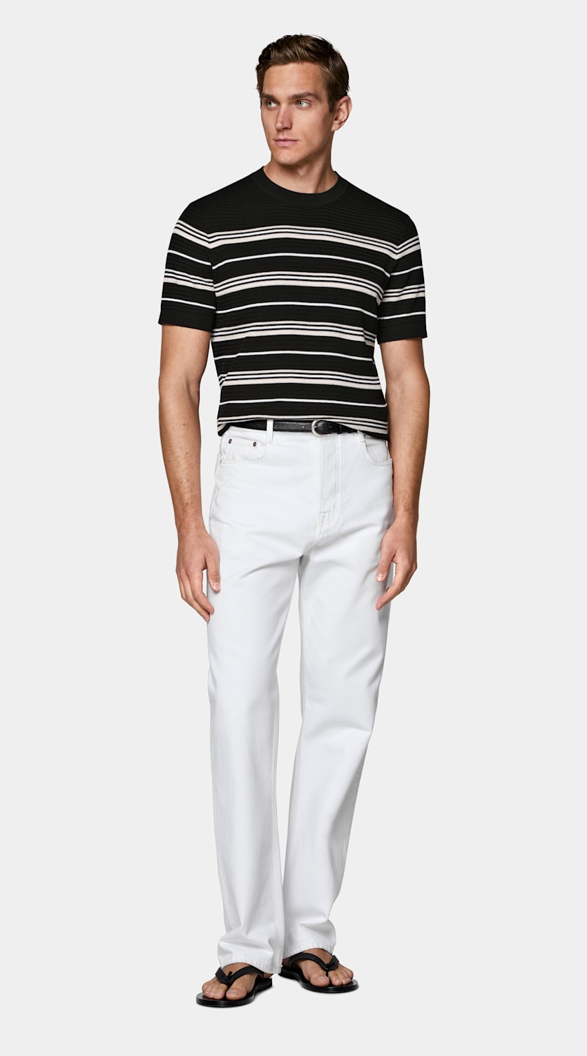 SUITSUPPLY Coton et soie Col rond en jacquard &agrave; rayures noires, manches courtes.